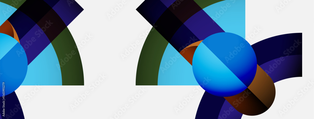 Abstract composition features colorful spheres, intersecting arcs, white background. Modern design, vibrant hues create dynamic visual effect. Abstract composition features colorful spheres, intersecting arcs, white background. Modern design, vibrant hues create dynamic visual effect.