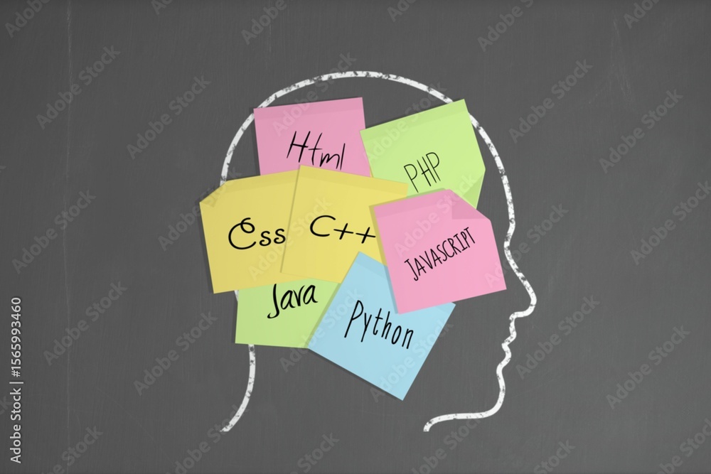 Fototapeta premium Chalk head with coding post it notes