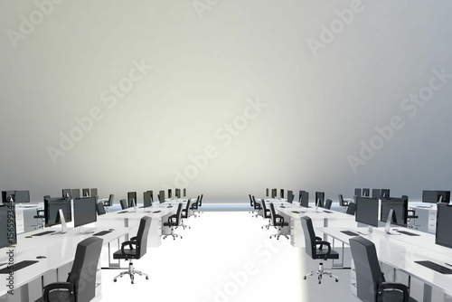 Photography Rows of white desks are being shown in flat design office with black monitors an