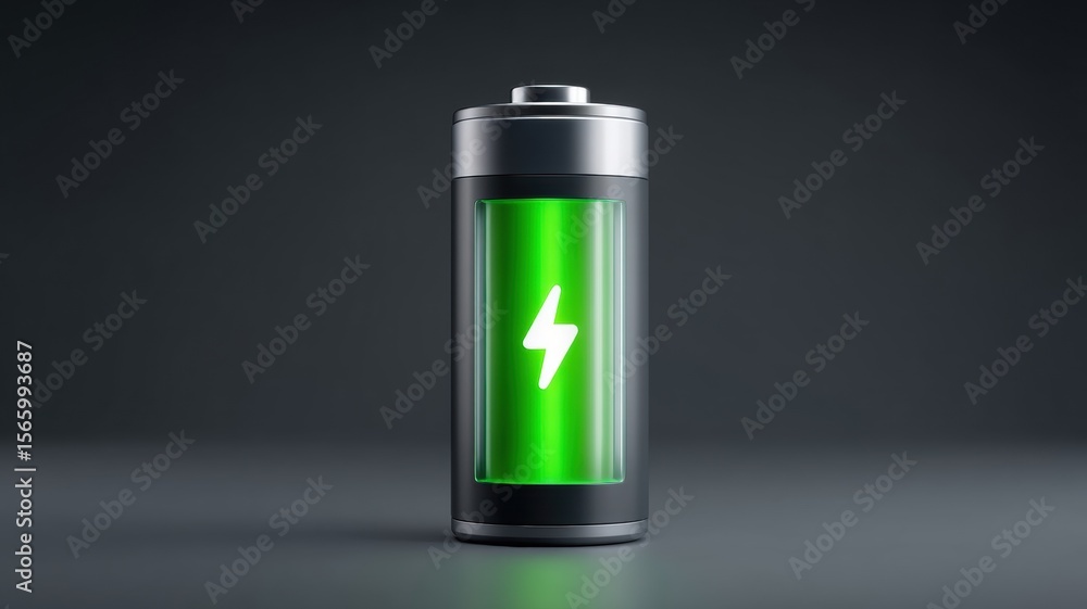 Futuristic Electric Battery Technology for Energy Storage. Battery icon with green charge indicator and lightning symbol. Futuristic Electric Battery Technology for Energy Storage. Battery icon with green charge indicator and lightning symbol.