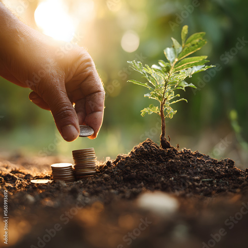Hand Placing Coin Next to Growing Plant in Sunlit Soil