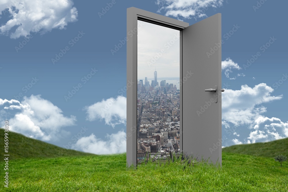 Naklejka premium Door opening at cityscape on grassy hill