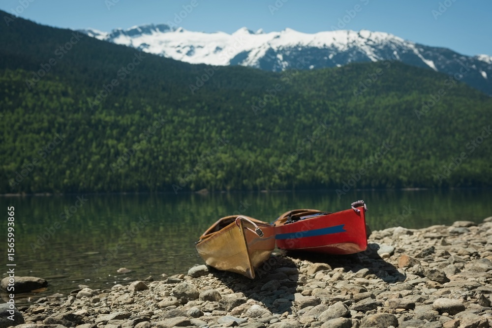 Naklejka premium Kayaks by lake on sunny day
