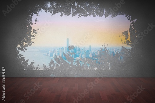 Splash on wall revealing coastline city © vectorfusionart