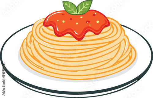 A plate of spaghetti topped with a generous amount of tomato sauce and fresh basil leaves.