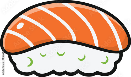 A cartoon style illustration of a salmon nigiri sushi piece, with rice and seaweed.