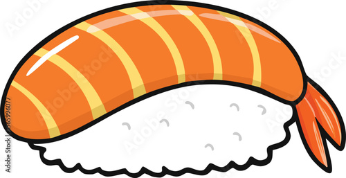 Cartoon illustration of a salmon sushi piece with vibrant colors and simple lines.