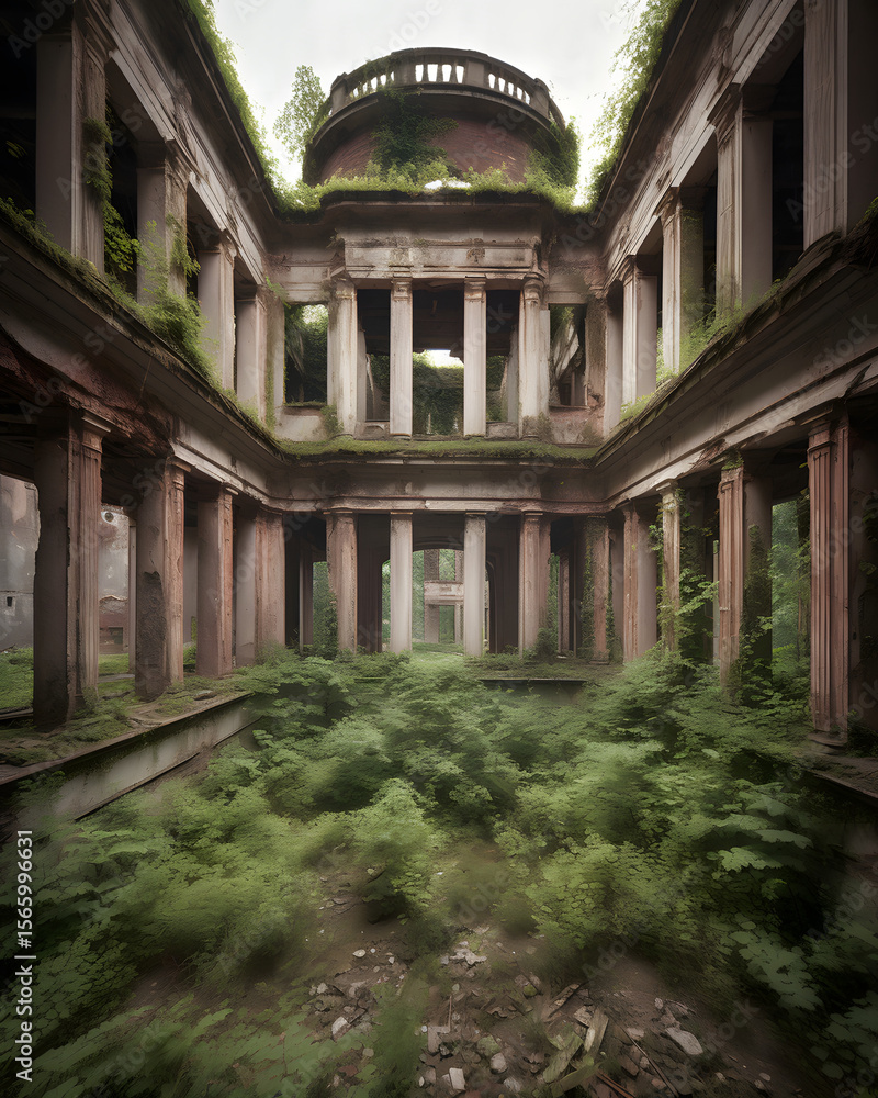 Fototapeta premium Overgrown Abandoned Building with Columns and Dense Vegetation