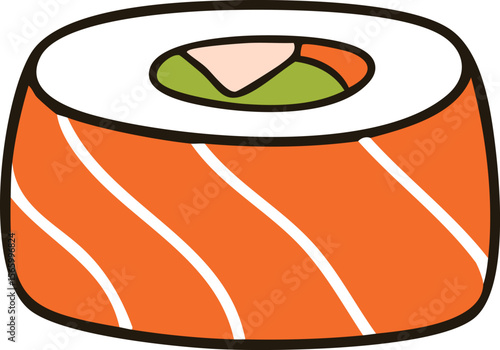 Cartoon illustration of a salmon sushi roll, showcasing colorful fillings and a simple design.
