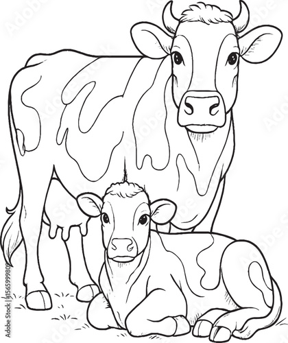 "Mother Cow and Calf Line Drawing – Farm Animal Sketch in Black and White"