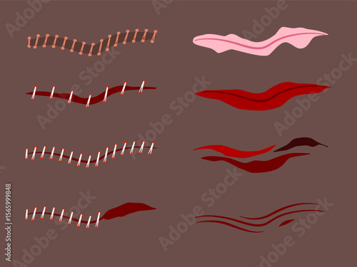 Human skin wounds including scratches scrapes abrasions vector illustrations on dark skin