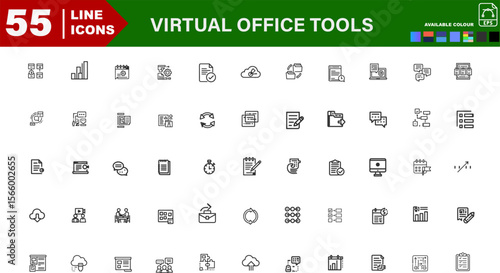Virtual Office Tools Flat Vector Icons Set – Cloud Drive, Online Meeting, Task Management, Team Collaboration
