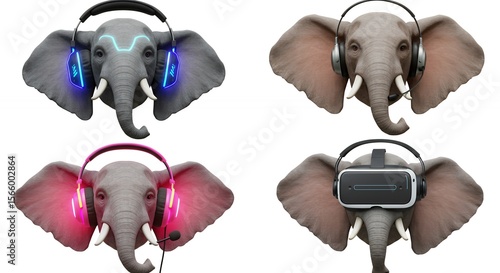 Elephant heads with headphones and vr headset