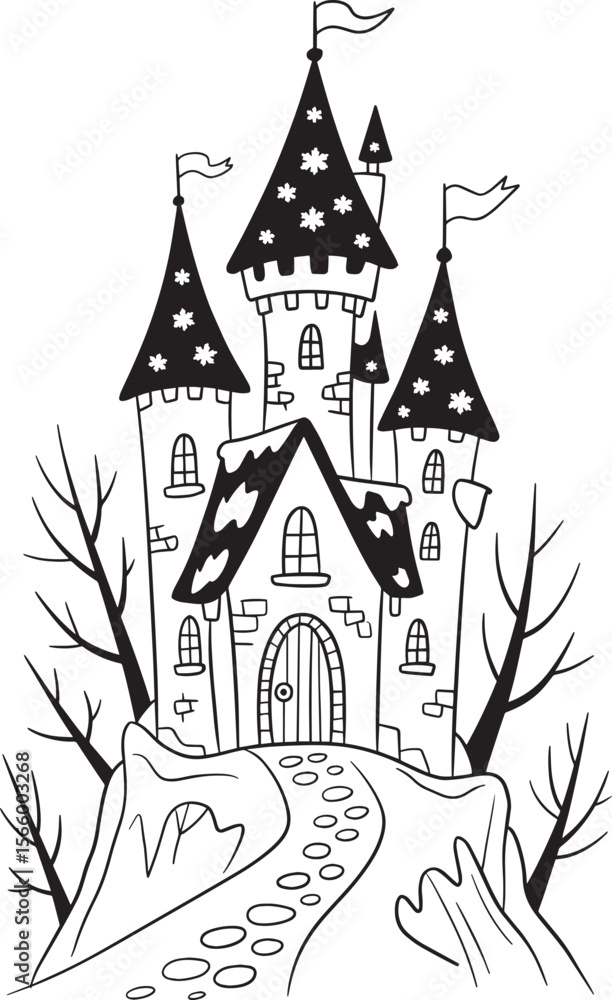 Fototapeta premium Spooky Haunted Castle on a Hill with Stars and Bare Trees Coloring Page, Haunted Castle Scene, Spooky Castle Page, Ghost Tower Drawing, Creepy Castle Coloring