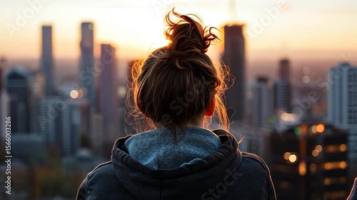 A woman with a messy bun wearing a gray hoodie looks out at the sunset over a city skyline. The skyscrapers stand tall against the warm light. The shot is taken from behind, focusing on her hair and