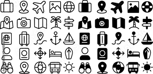 Minimal black outline travel navigation icon collection
