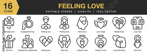 Feeling Love icon set. Editable Stroke Icon Collection. Includes feeling, love, romance, heart, emotion, affection, and More. Outline icons vector collection.