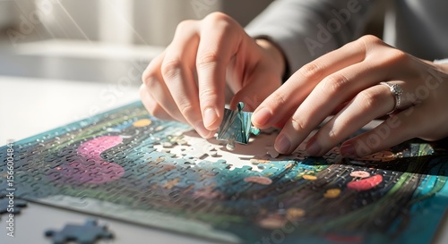 Close-up of Woman's Hands Carefully Placing Jigsaw Puzzle Piece, Sunlight Illuminates Scene