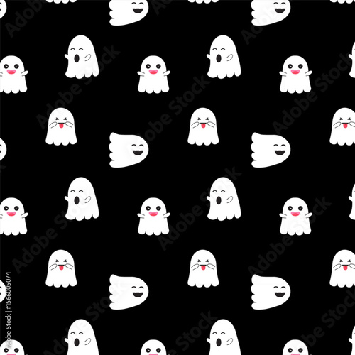 Seamless pattern with funny cheerful monsters.Halloween seamless pattern isolated on black background.Little cute spooky ghost cartoon repeat pattern.Vector graphic illustration background.