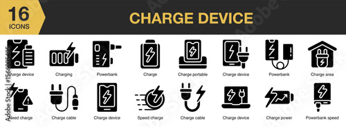 Charge Device solid icon set. Includes cable, usb, plug, electricity, mobile, and More. Solid icons vector collection.