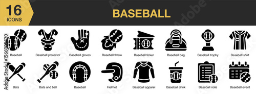 Baseball solid icon set. Includes play, equipment, leisure, activity, stadium, and More. Solid icons vector collection.