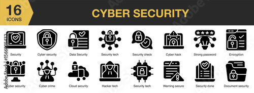 Cyber Security solid icon set. Includes digital, software, protection, privacy, data, and More. Solid icons vector collection.