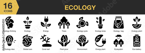 Ecology solid icon set. Includes energy, earth, sustainable, tree, renewable, and More. Solid icons vector collection.
