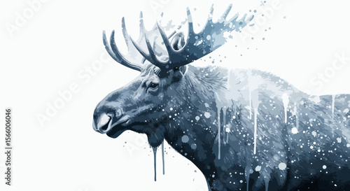 A peaceful giant of the northern forest, this moose carries the quiet elegance of winter, rendered with frosty ink splashes and majestic calm