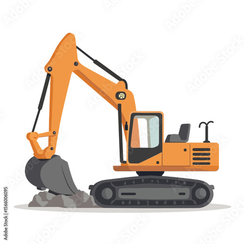 An orange excavator digs into a pile of grey rubble against a white background, illustrative style.
