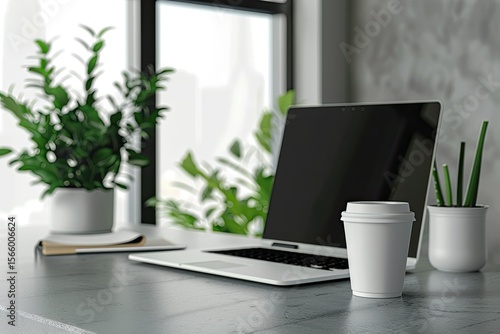 Premium Quality Visual of Office Desktop with Laptop and a Coffee Cup