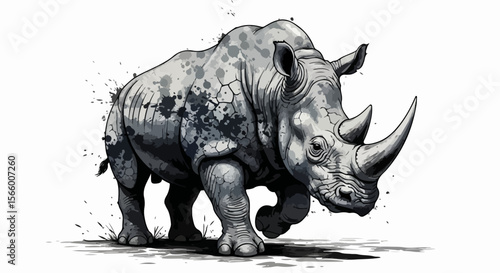This unstoppable rhino is rendered with powerful splattered armor, symbolizing raw might and primal dignity through rough ink textures.