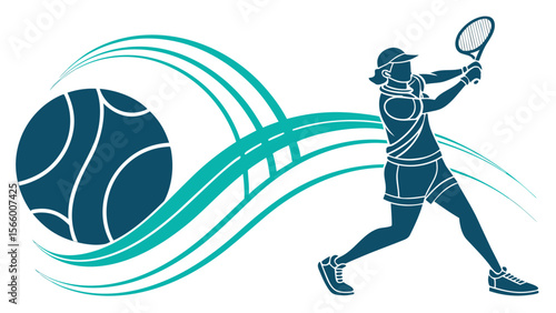 Dynamic Tennis Player in Action with Abstract Swirls and Ball Graphic