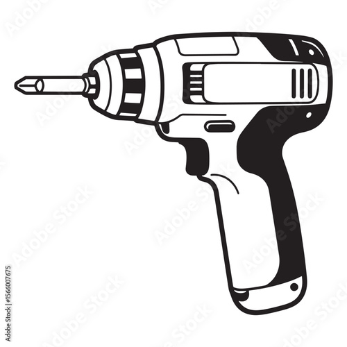 Black and white illustration of a cordless power drill tool on white background