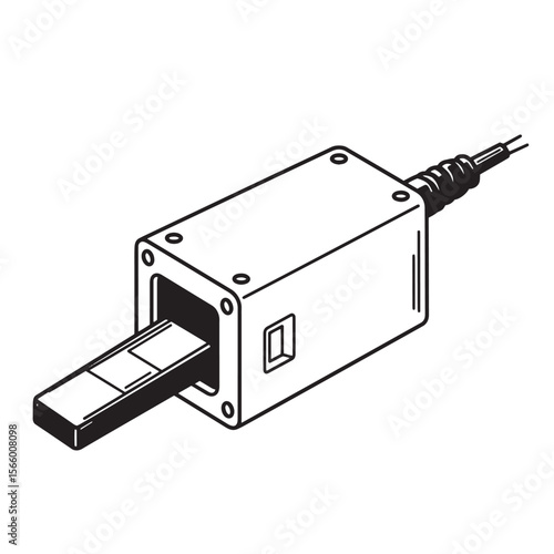 Black and white illustration of a scanner extracting a slide or film strip with cable.