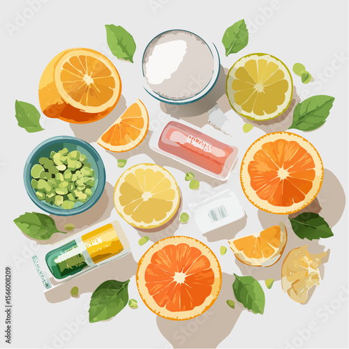 Vector flatlay of wellness boosters with capsules, smoothie packs, citrus slices, supplement bowls, clean and minimal look.
