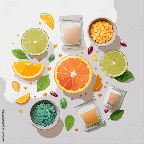 Vector flatlay of wellness boosters with capsules, smoothie packs, citrus slices, supplement bowls, clean and minimal look.
