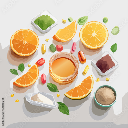 Vector flatlay of wellness boosters with capsules, smoothie packs, citrus slices, supplement bowls, clean and minimal look.