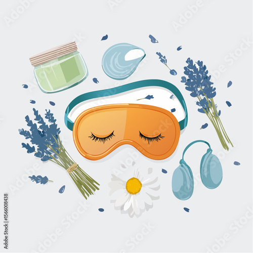 Vector flatlay of sleep aids including silk mask, lavender buds, spray, dried flowers, earplugs on white background with soft shadows.