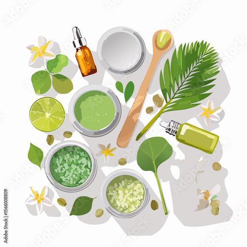 Minimal green wellness product vector flatlay with soaps, oil vials, bath salts, gloves and tiny flowers on clean white.