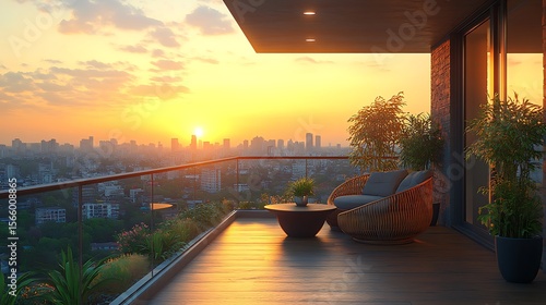 Sunset balcony view over cityscape