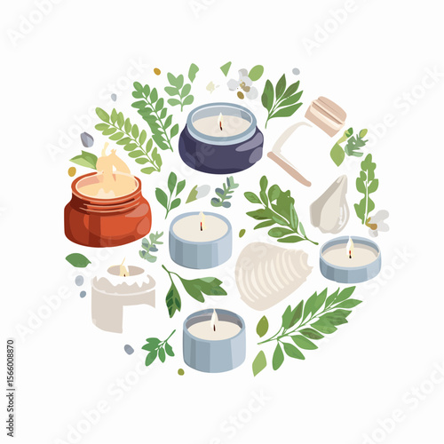 Minimal green wellness product vector flatlay with soaps, oil vials, bath salts, gloves and tiny flowers on clean white.