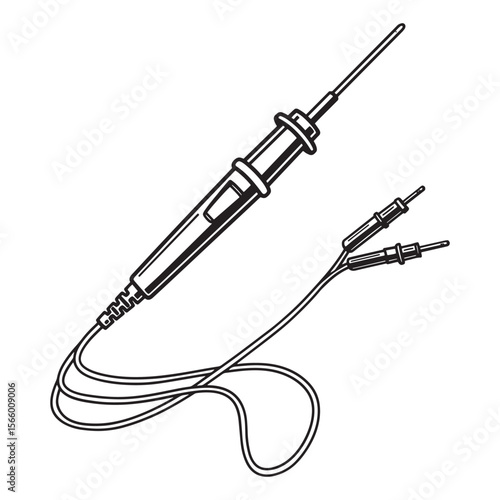 Detailed black and white illustration of a multimeter probe test equipment with wires