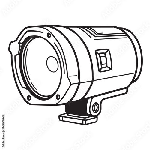 Detailed monochrome illustration of a camera flash unit depicting modern photography equipment