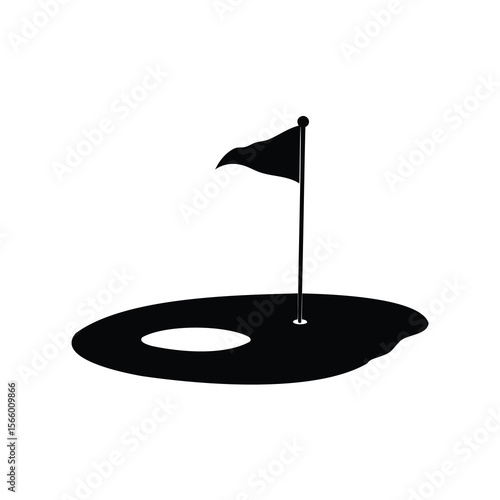 Black and white illustration of a golf hole with a flag