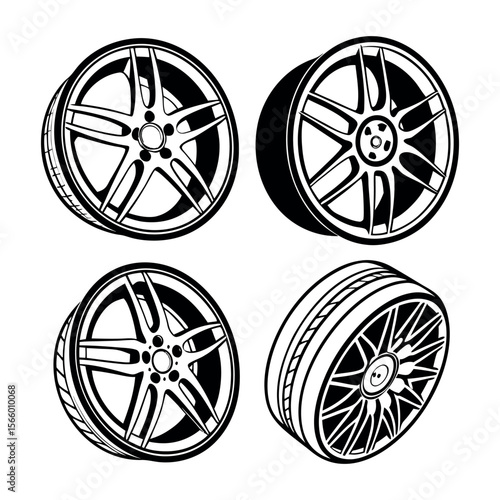 Four stylish alloy wheels with intricate spoke designs isolated on white background