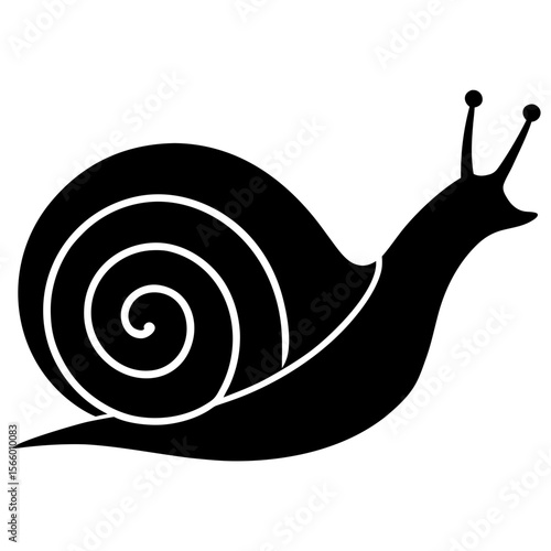 A black snail with a spiral shell is isolated on white background