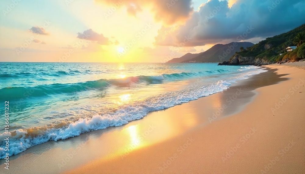 Obraz premium Sun-kissed sand, gentle waves caress the shore, creating a mesmerizing, seductive seascape Perfect for travel, vacation, and relaxation themes A tranquil escape, inviting and serene , holiday, escape