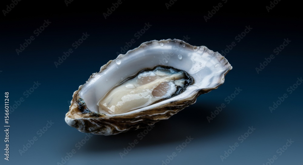 Naklejka premium Pale oyster shell with sea blue gradation with a single oyster open in dramatic lighting