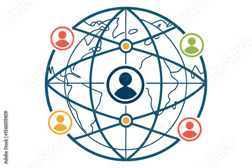 Globe icon with diverse people icons in red green yellow and blue