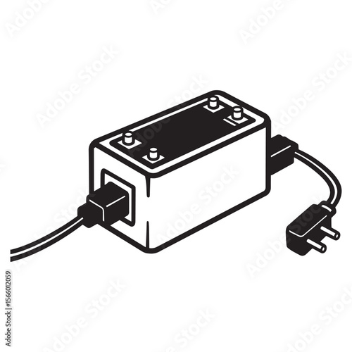 Simple illustration of a white electronic device with two prong plug and cables attached